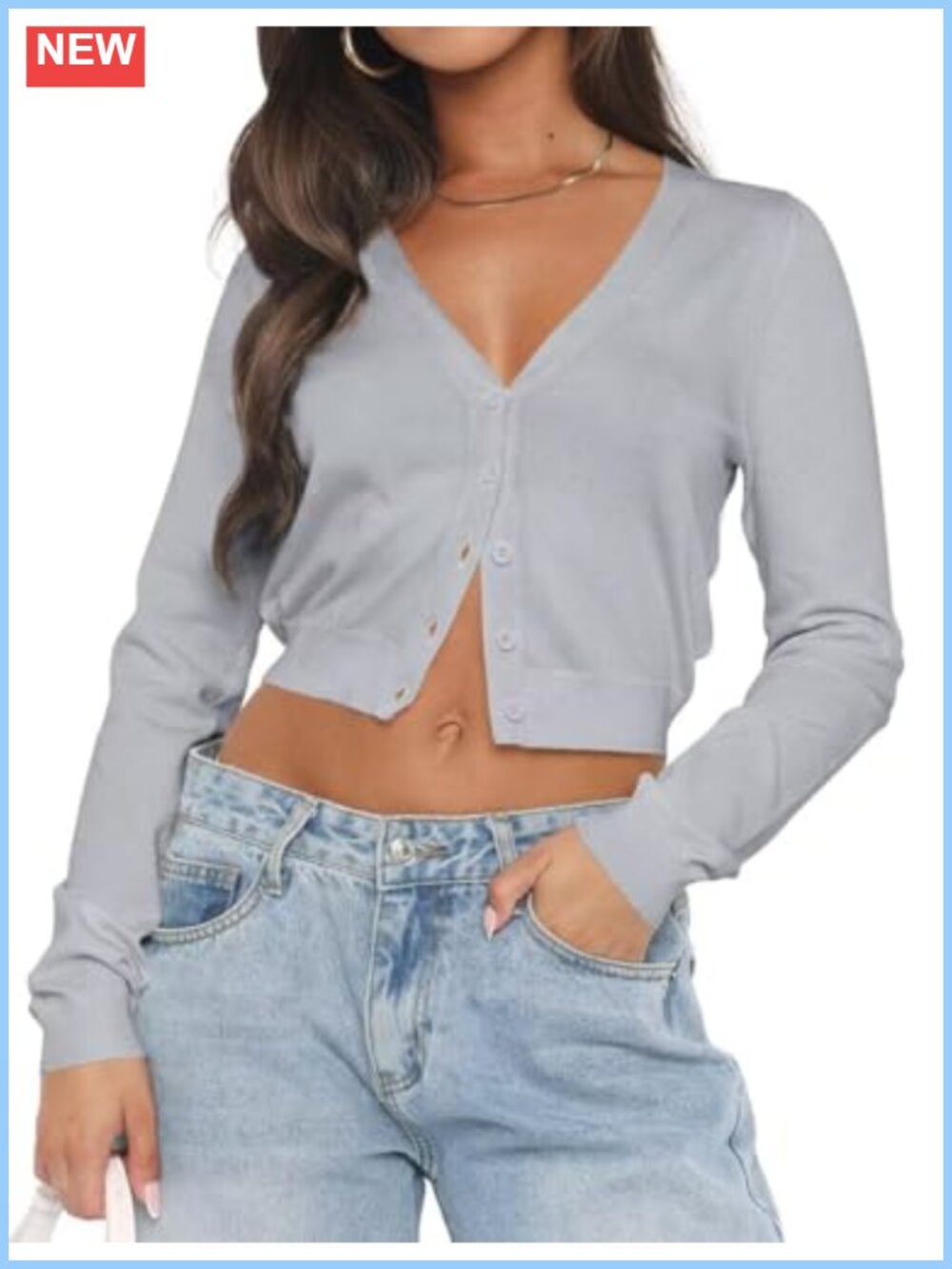 Women's Cropped Cardigan Long Sleeve V-Neck Button Front Knit Sweater